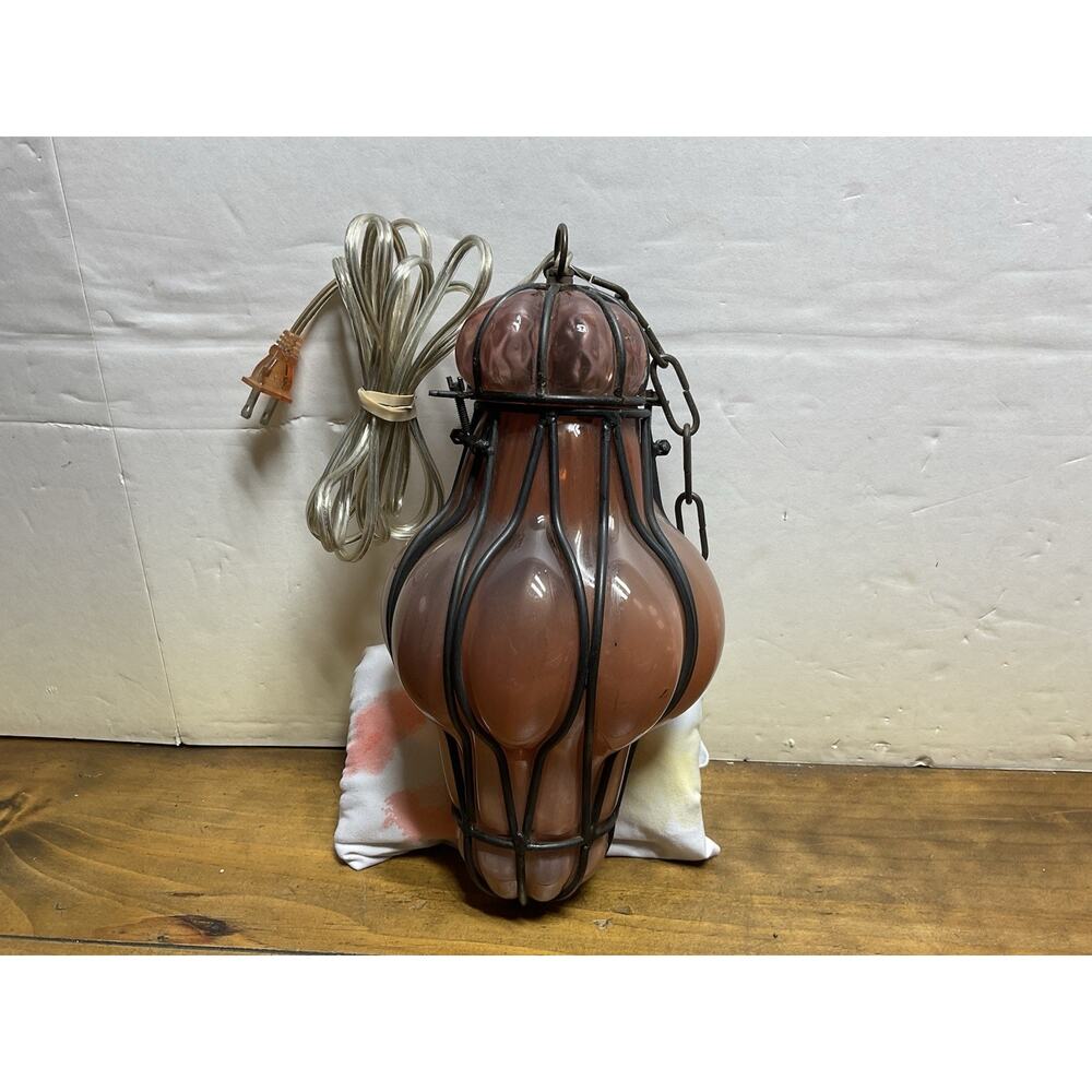 Handcrafted Wrought Iron & Glass Ceiling Lamp Brown Hand Blown